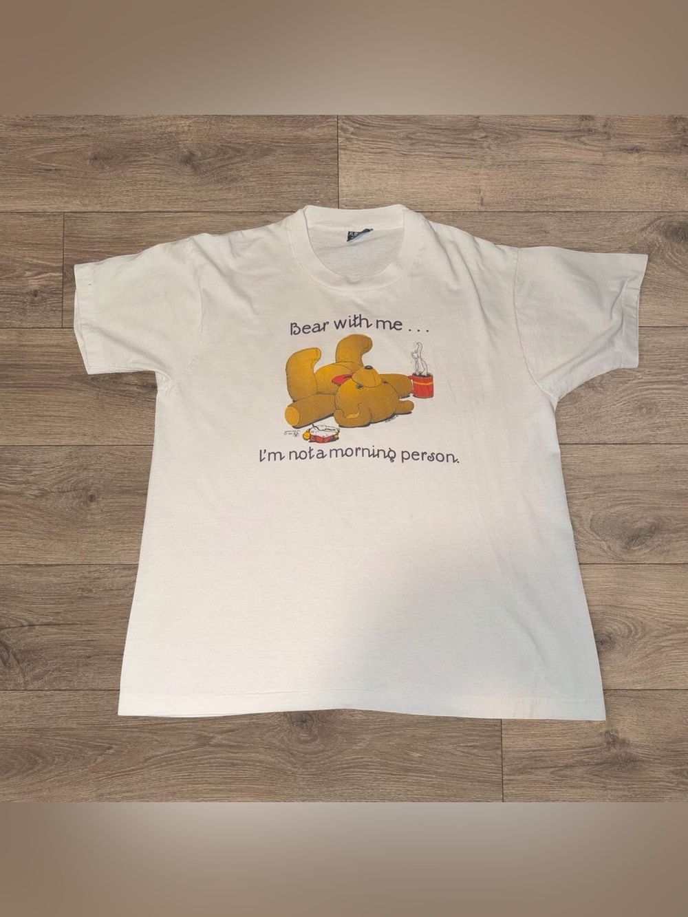 Screen Stars White Graphic Tee with Yellow Bear Illustration
